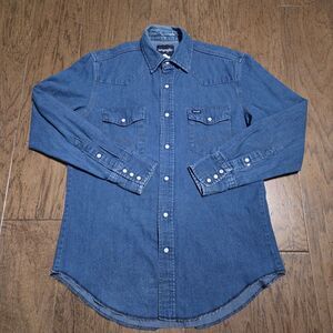 Vtg Wrangler Shirt Mens Medium Blue Denim Pearl Snap Western Rodeo Work Cowboy